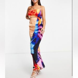 ASOS Design cowl satin cut cross back dress in multi print